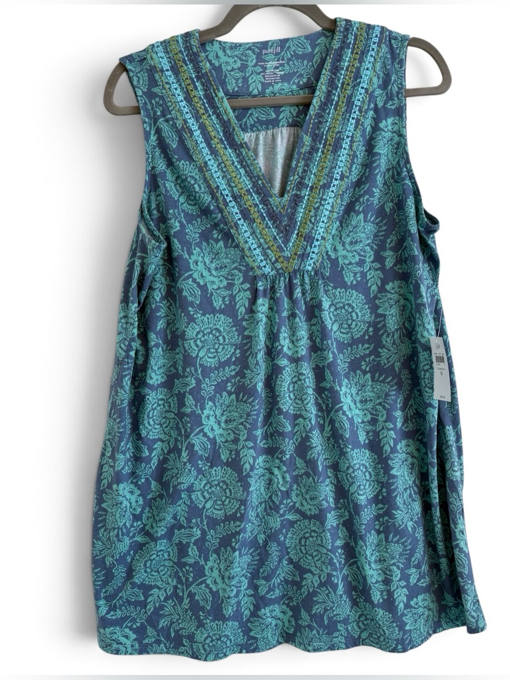 Pure Jill Blue Green Floral Embroidered V-Neck Tunic Size M NWT